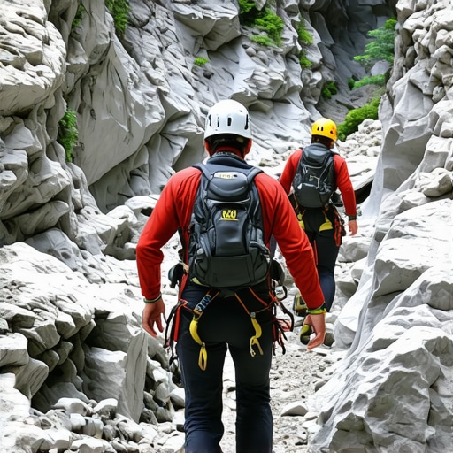 Vodič u kanjonu sa grupom avanturista, sigurnosna oprema, prirodna scena