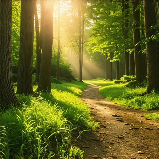 Sunny forest trail in the morning with lush green trees and peaceful ambiance