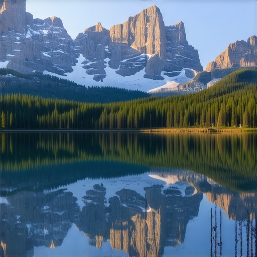 Beautiful sunrise over Lake Sorapis, showcasing alpine mountains and lush greenery.