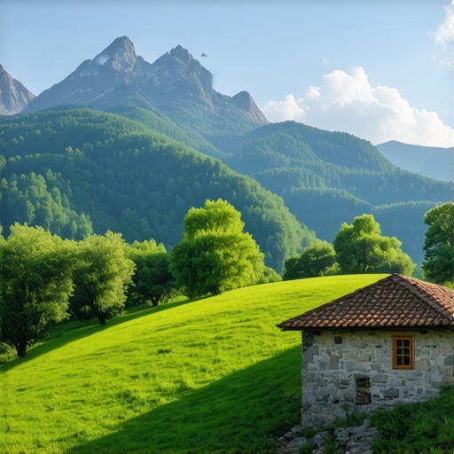 Scenic view of traditional seoski domaćinstvo in natural mountain setting, daytime