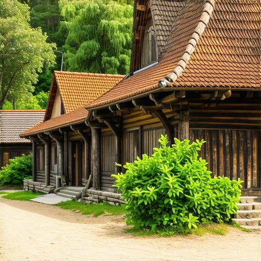 Serbian ethno village with wooden houses and green landscape.