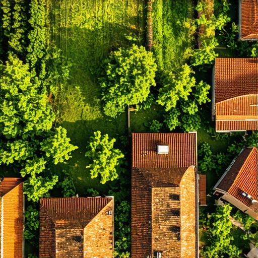 Aerial view of rustic cottages in Serbian village surrounded by greenery