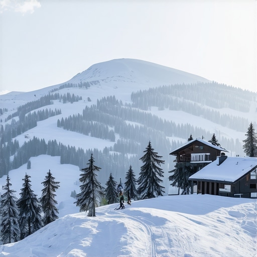 Snowy Pohorje mountain landscape with skiers and cabins during winter.
