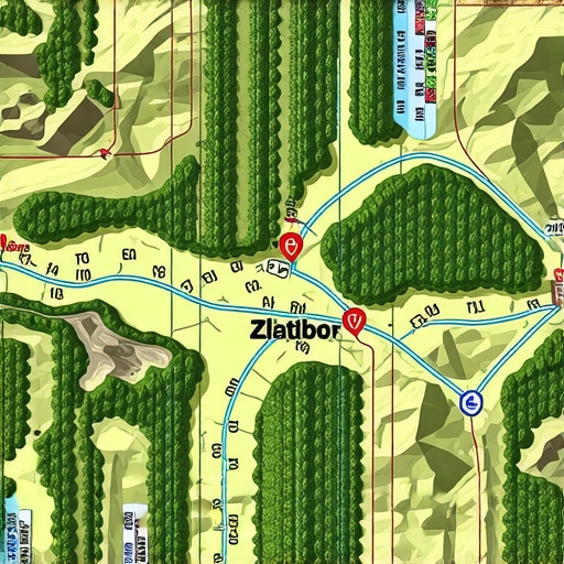 Zlatibor Trails Map Map of Zlatibor with highlighted hiking trails and points of interest.