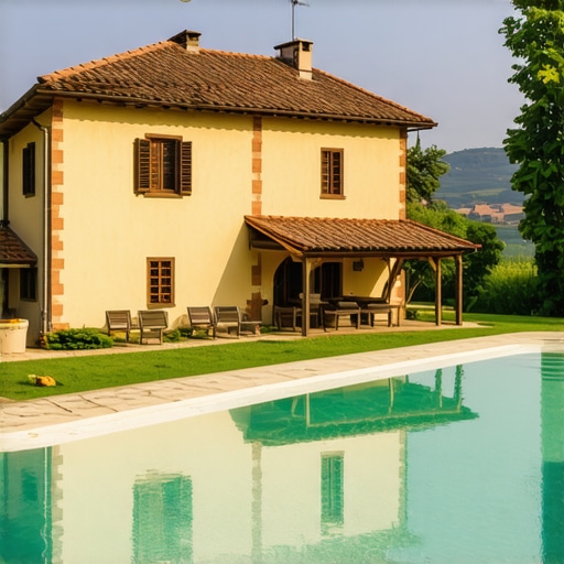 Traditional Serbian house with modern swimming pool in a rural landscape