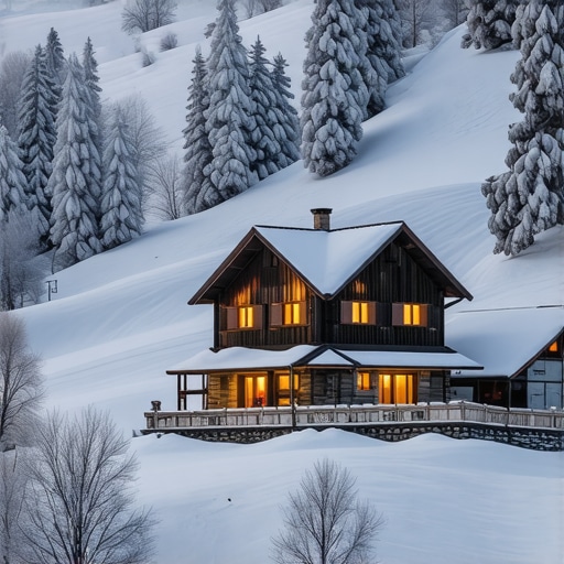 Traditional mountain village cottages covered in snow during winter, warm cozy atmosphere