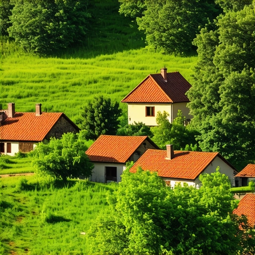 Traditional Serbian village with green fields and rustic houses