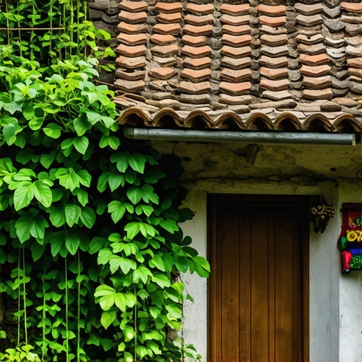A traditional Serbian ethno village house with lush greenery and cultural decorations, daytime