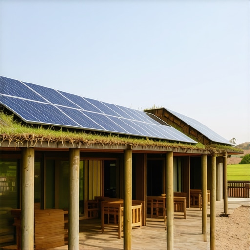 Modern eco-friendly ethno resort with solar panels and digital marketing elements.