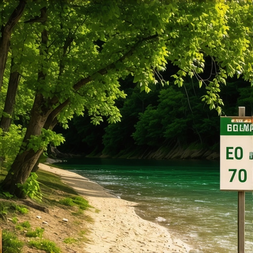 Eco-friendly river beach on Moravica with lush trees and eco signs