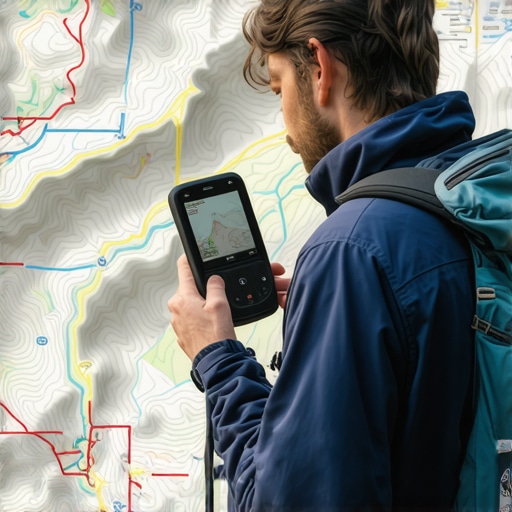 Hiker with GPS exploring secret trails in Fruška Gora, natural landscape, adventure gear, detailed map.
