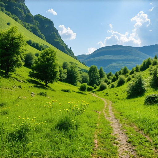 Detaljan snimak planinarske staze na Miroču sa zelenim šumama i plavim nebom