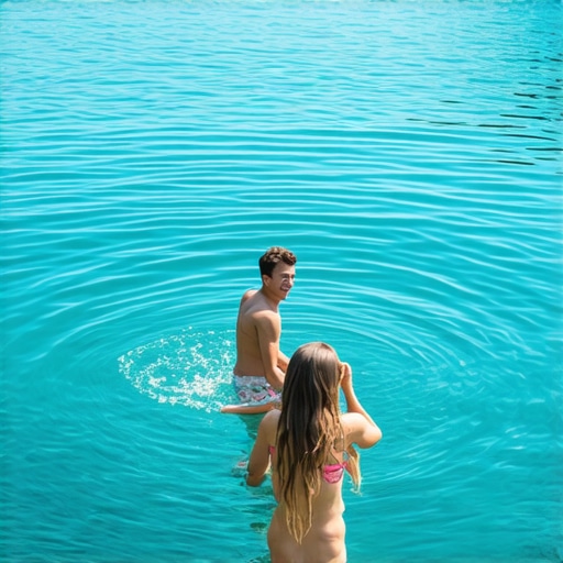 Family enjoying eco-friendly lake with safety features in Serbia, children playing happily, natural scenery.