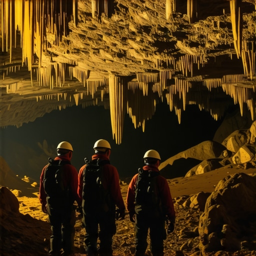 Speleologists exploring a dark underground cave with formations and equipment