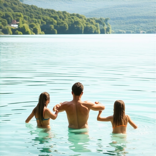 Family enjoying lake in Serbia Family swimming in a tranquil Serbian lake
