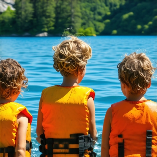 Family enjoying safe swimming in Serbia Family with children swimming safely at a picturesque Serbian lake during daytime