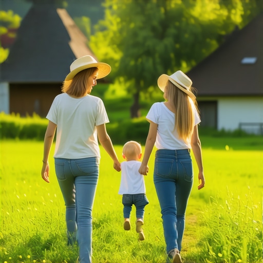 Family relaxing outdoor in Serbian countryside with nature and traditional houses