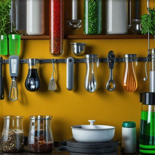 A modern kitchen blending traditional Serbian dishes with scientific instruments and modern technology