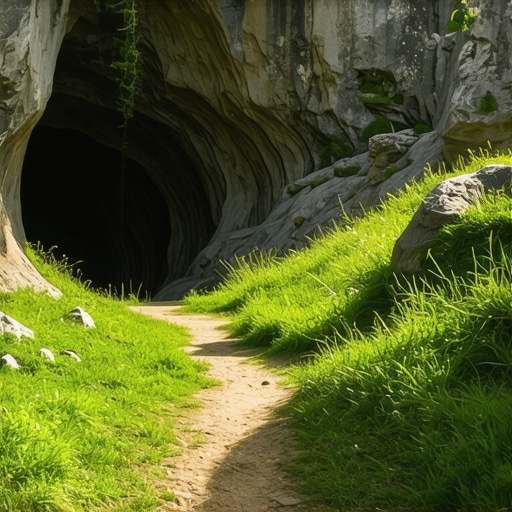 A detailed scene of secret caves and lesser-known trails on Stara Planina, inviting adventure and exploration