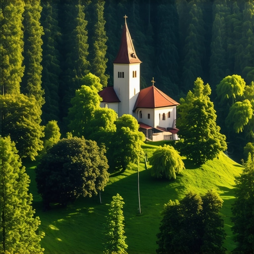 Secluded monastery amid dense green trees in Fruška Gora at dawn
