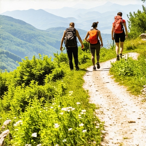 Hikers exploring a scenic mountain trail in Serbia, lush green surroundings, and panoramic views
