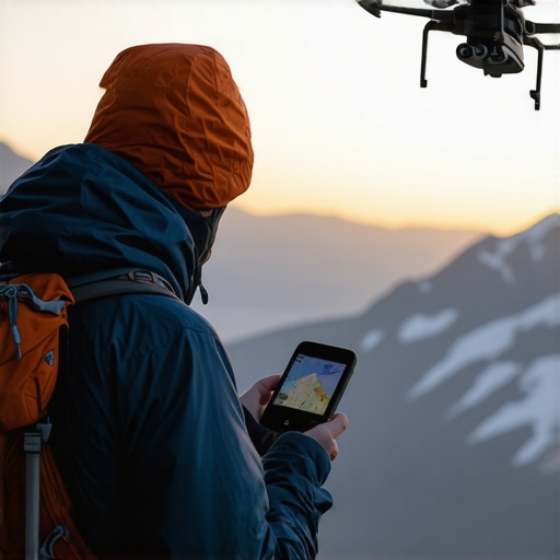 Hiker using GPS and drone in mountain landscape on Tara for safe exploration