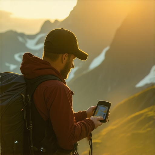 Hiker with GPS device on trail during sunrise