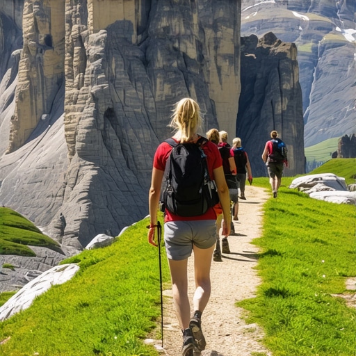 Hikers on mountain trail with Dolomiti peaks and blue lake in background