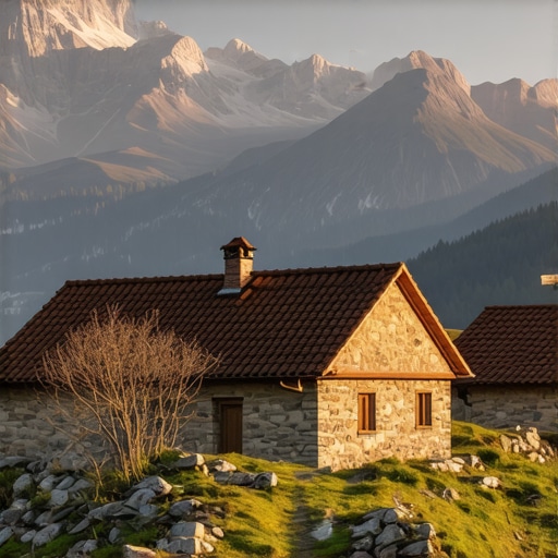 Panoramic view of Lukomir village on Visočica mountain with traditional stone houses at sunrise.