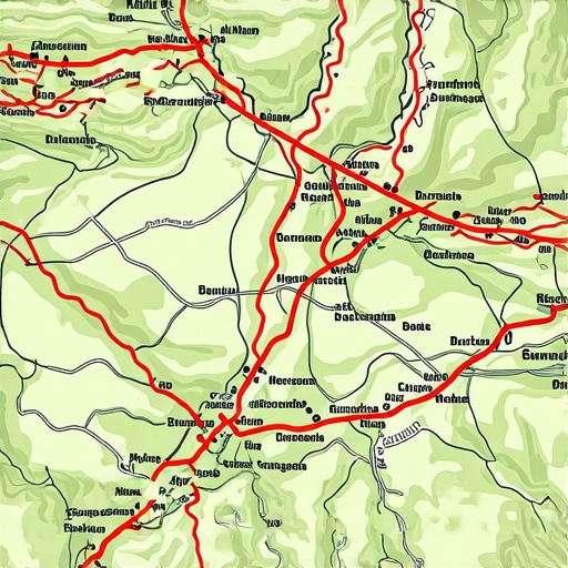 Ilustracija mape planinarskih staza u Srbiji sa prirodnim znamenitostima i sigurnosnim elementima.