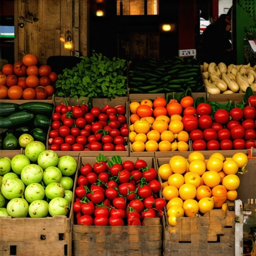 Colorful display of fresh organic produce at a local market.