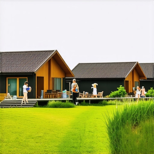 Tourists exploring a modern eco-friendly rural village with traditional houses and natural surroundings.