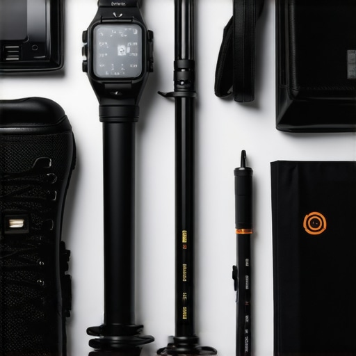 High-resolution image showcasing modern outdoor trekking gear with Gore-Tex jacket, hiking shoes, GPS device, and trekking poles.