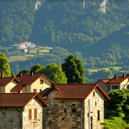 Traditional houses and lush greenery in a serene mountain village on Stara Planina, daytime