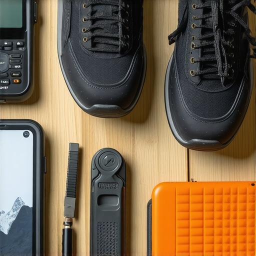 Outdoor hiking gear including GPS, multi-tool, and waterproof shoes
