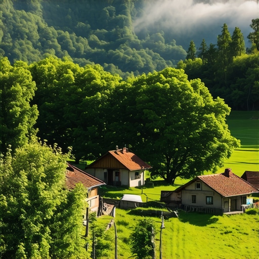 Traditional houses and lush greenery in Stara Planina