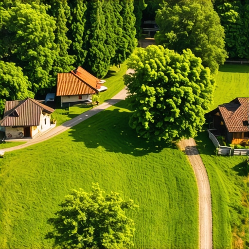 Aerial view of lush green Stara Planina with traditional houses and mountain peaks