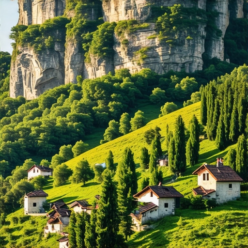 Scenic landscape of Tara mountain with traditional Serbian houses and lush greenery