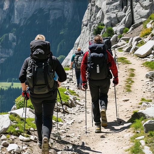 Hikers navigating challenging mountain trail with GPS device in Bosnia