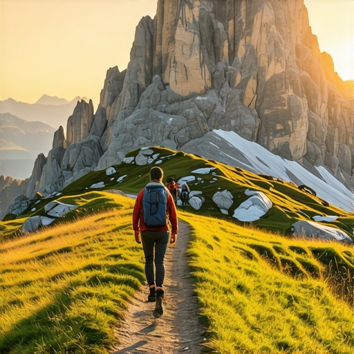 Panoramski pogled na Rtanj tokom izlaska sunca sa planinarima na stazi