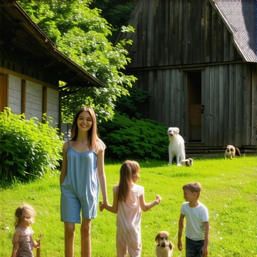 Porodična scena u prirodnom okruženju etno sela sa psima i decom, šumska staza i tradicionalne kuće
