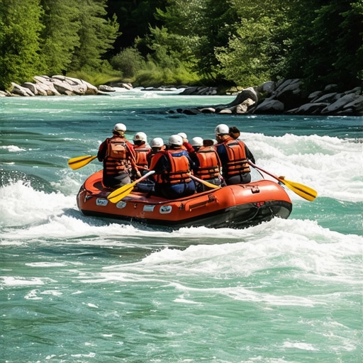 Rafting na reci Drina u Srbiji Rafter navigating a rapid on the Drina River in Serbia, surrounded by lush nature.
