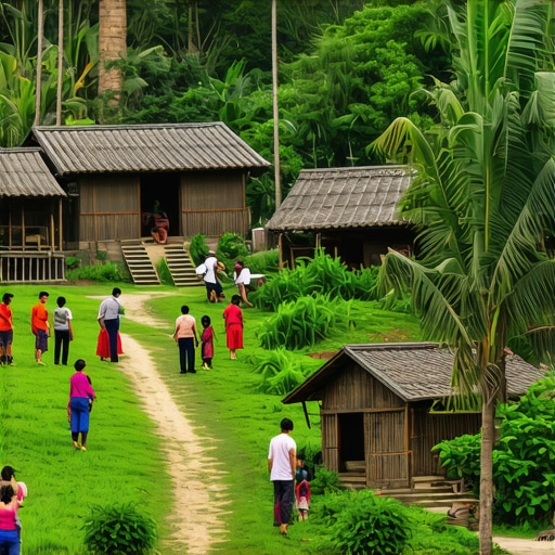 Tourists enjoying eco-friendly activities in a traditional rural village setting with lush landscape.