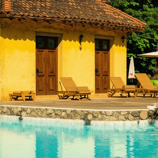 Traditional Serbian rural house with swimming pool surrounded by greenery