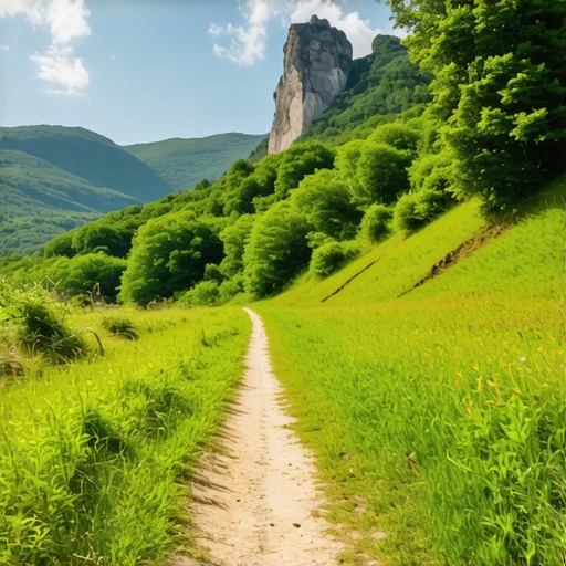 Scenic mountain trail in Serbia with lush greenery and panoramic views.