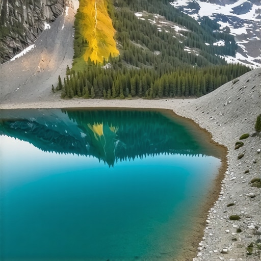 Aerial view of Sorapis Lake with sun rising over surrounding peaks, vibrant colors, high resolution