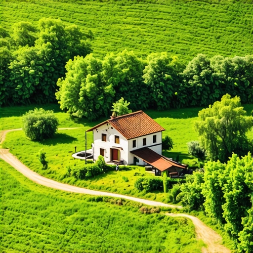 Panoramic aerial view of a traditional Serbian seoska kuća in Šumadija surrounded by nature.