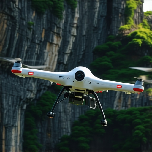 Drone flying over Uvac canyon utilizing satellite and GIS technology for environmental monitoring