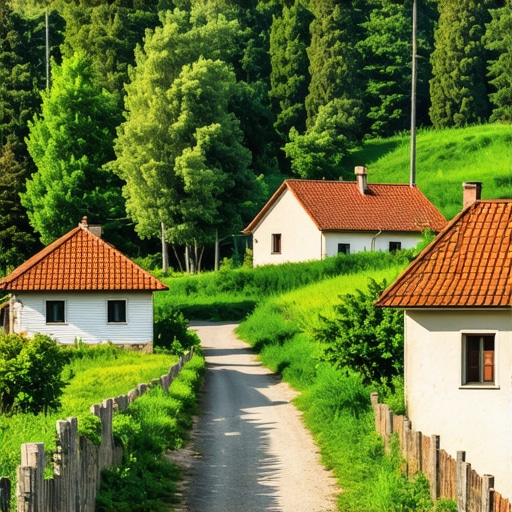 Serbian rural village with traditional houses and green landscape
