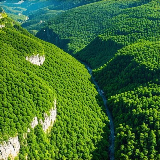Aerial view of Uvac canyon with river and lush forests